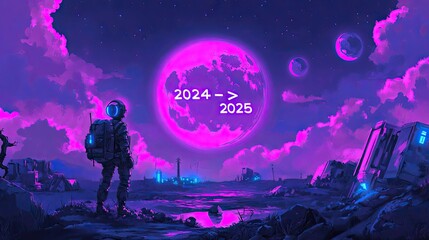 A Vibrant Cosmic Journey from 2024 to 2025: An Astronaut Standing on a Mysterious Planet Under Breathtaking Colors of Space and Celestial Bodies