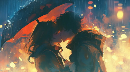 Obraz premium Romantic Couple Sharing a Passionate Kiss in the Rain