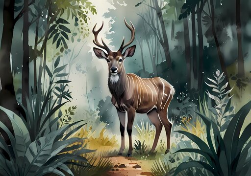 Majestic kudu standing gracefully in a lush forest environment during early morning light