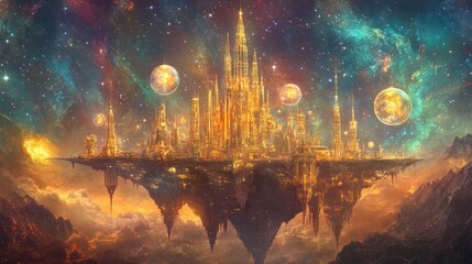 Obraz premium A vibrant floating city amidst a cosmic backdrop filled with stars and planets.