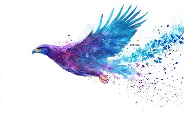 Obraz premium A bald eagle is depicted in a dynamic flight, blended with a spectrum of colors creating an abstract effect. The eagles wings are wide, showcasing strength and freedom.