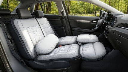 Modern Car Interior with Ergonomic Seats and Chic Design in Lush Green Forest Setting, Showcasing Comfort and Innovation for Travel and Daily Commute