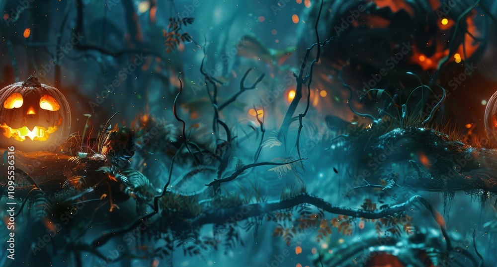 Canvas Prints jack-o'-lanterns glowing in a mysterious forest. ai.