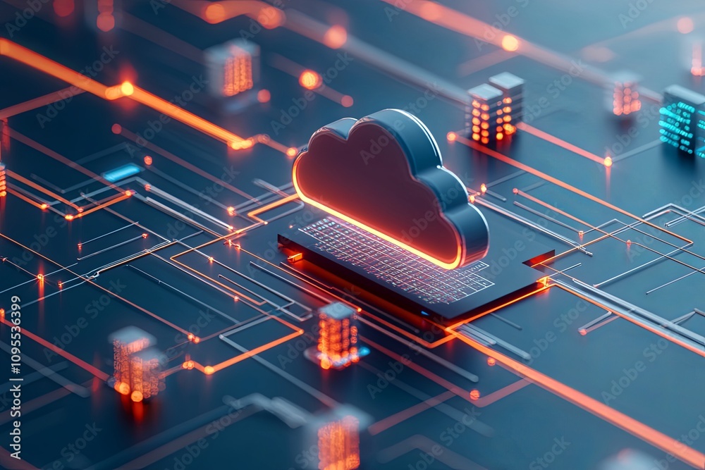 Poster cloud computing concept featuring a digital cloud above a laptop with interconnected circuits and gl
