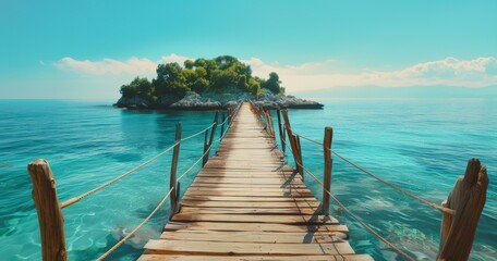 Fototapeta premium A wooden bridge leads to a small island in the middle of the ocean. AI.