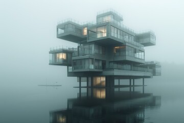 A modern house on stilts over water in a foggy landscape. AI.