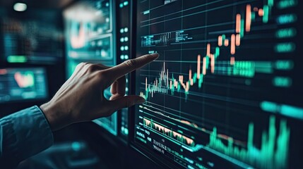 Obraz premium Focused Hand Pointing at Financial Graphs on Digital Screen in a Modern Office Environment Reflecting Stock Market Trends and Economic Data Analysis