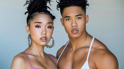 Dynamic duo a striking male and female athlete pose confidently together in a vibrant gym setting.