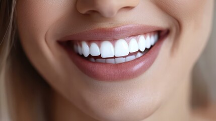 Fototapeta premium Before and after teeth whitening a smiling woman shows off her dazzling, brighter smile in this stunning closeup.