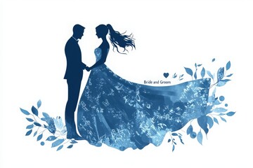 A bride and groom hold hands in a loving pose, surrounded by flowing blue designs and floral accents, symbolizing their romantic union during a wedding celebration.