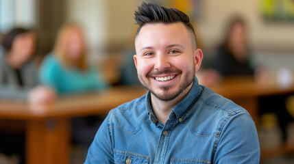 Fototapeta premium A cheerful man in a blue shirt exemplifies teamwork and leadership during an office meeting with blurred colleagues behind.