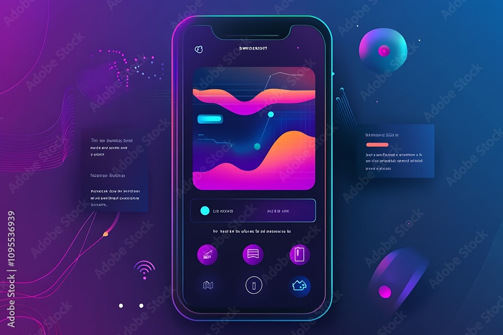 Poster a vibrant smartphone interface showcasing data visualization and interactive elements.