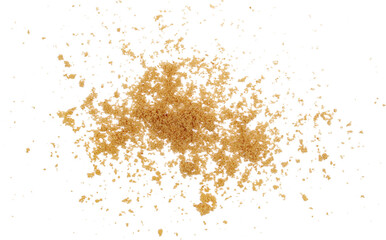 Pile brown unrefined sugar, muscovado isolated on white, top view