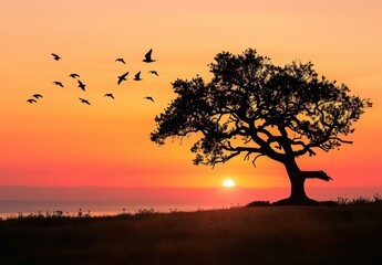 A lone tree stands silhouetted against a vibrant sunset, with birds flying in the distance. AI.