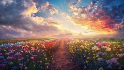 A path through a field of colorful wildflowers with a beautiful sunset in the background. AI.