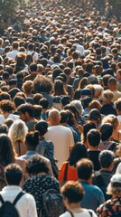 Obraz premium A large crowd of people walking in the same direction. AI.