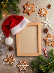 Wooden Christmas Frame with Santa Hat and Festive Decorations
