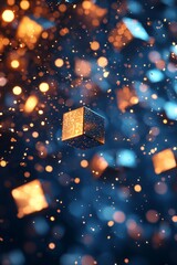 3D rendering of small cubes flying in space, with a background of blue and orange lights, sparkles, and sparks. 
