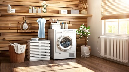 A clean and bright laundry room with a washing machine, shelves, and a window.