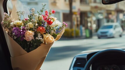 Vibrant Bouquet in a Car, Sunny City Background