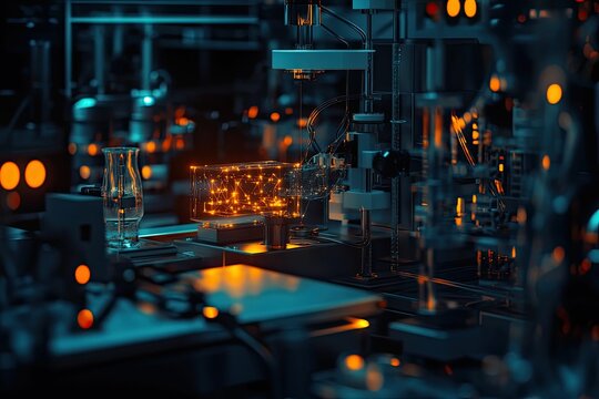 Glowing cube, futuristic lab, complex machinery.