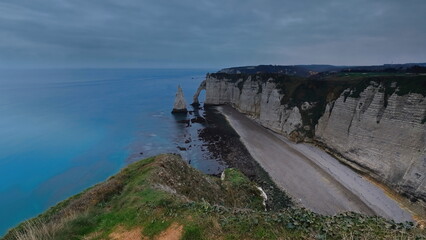 Aiguille Creuse Needle, Porte d'Aval Arch and Falaise de Manneporte chalk cliff seen at dawn from atop Arche de la Manneporte Arch. Etretat-France-021