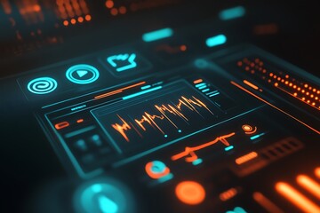 Obraz premium Futuristic digital interface displaying audio waveforms and controls.