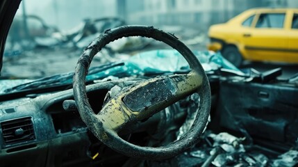 Abandoned Vehicle Interior with a Damaged Steering Wheel in a Desolate Urban Environment Surrounded by Wreckage and Distressed Buildings