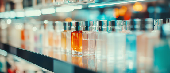 Shoppers in the cosmetics and household chemicals store A blurred view of a large perfume shop featuring perfumes and cosmetics Customers in the perfume shop are examining