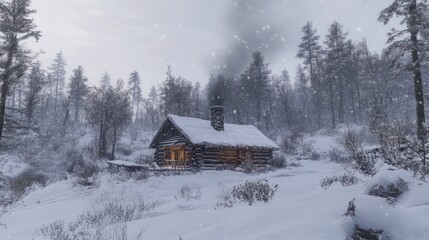A cozy log cabin in a snowy landscape, emitting smoke from the chimney.