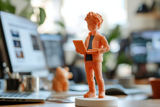 A vibrant, 3D printed figure stands on a desk, engaged with a laptop. Surrounding it are multiple monitors and office supplies, showcasing a modern workspace filled with creativity.