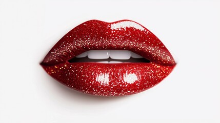 Obraz premium Photorealistic red lips close-up, soft gloss with a subtle sparkle, isolated on a clean white background, precise detailing