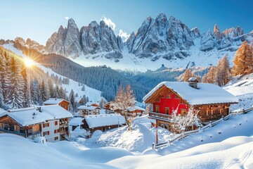 Santa Maddalena village in snowy Dolomites mountains  Italy.