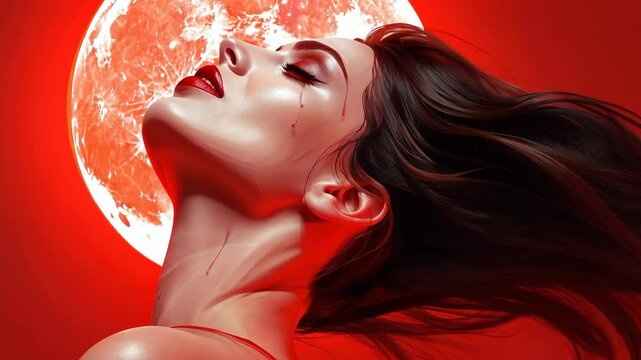 Fearinducing D illustration of a female vampire under a blood moon, screaming in a sea of dark crimson waves.