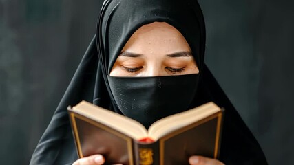 Afghan Muslim woman in burka reading Quran in traditional costume against dark background.