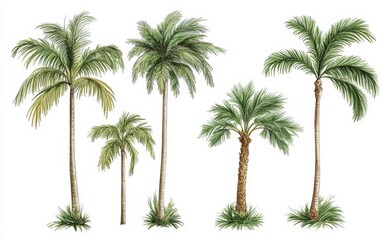 Realistic Palm Trees with Lush Green Fronds Isolated on White Background