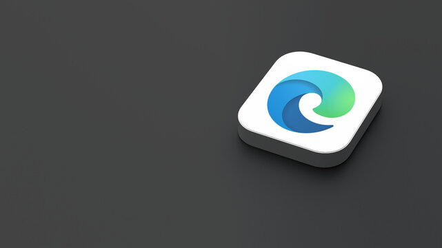 3D-rendered icon of the Microsoft Edge app logo, featuring a sleek, minimalistic design. The logo appears on a dark gray background within a white square with rounded corners.