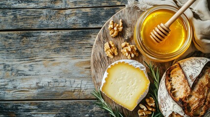 Rustic artisan bread with brie cheese, honey, and walnuts