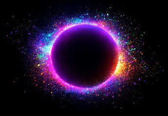 Obraz premium Vibrant Neon Pink Eclipse with Colorful Sparkling Particles on Black Background