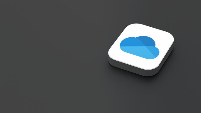 3D-rendered icon of the Microsoft OneDrive app logo, featuring a sleek, minimalistic design. The logo appears on a dark gray background within a white square with rounded corners.