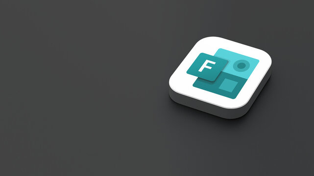 3D-rendered icon of the Microsoft Forms app logo, featuring a sleek, minimalistic design. The logo appears on a dark gray background within a white square with rounded corners.