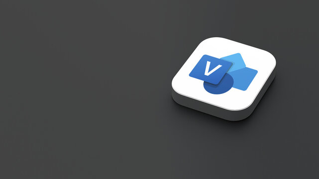 3D-rendered icon of the Microsoft Visio app logo, featuring a sleek, minimalistic design. The logo appears on a dark gray background within a white square with rounded corners.