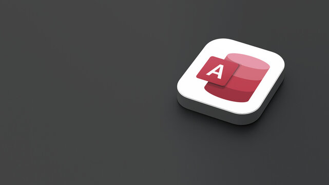 3D-rendered icon of the Microsoft Access app logo, featuring a sleek, minimalistic design. The logo appears on a dark gray background within a white square with rounded corners.