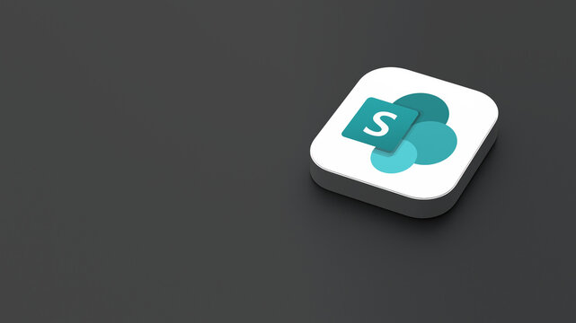 3D-rendered icon of the Microsoft SharePoint app logo, featuring a sleek, minimalistic design. The logo appears on a dark gray background within a white square with rounded corners.