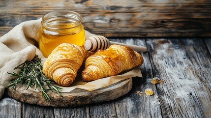 Freshly baked croissants and danishes with rosemary and honey on a weathered wooden table