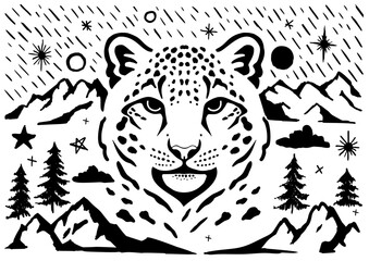 Snow leopard face with mountain and forest motifs in monochrome.