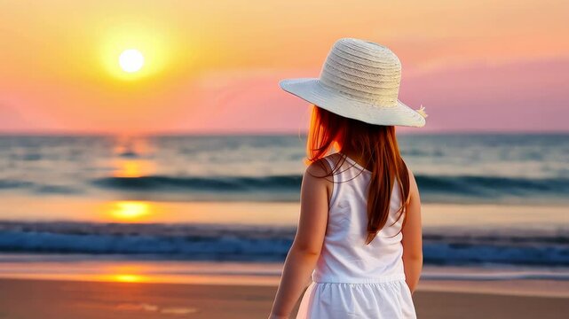 Sweet girl in a pompon hat enjoying the sunset on a beautiful beach.