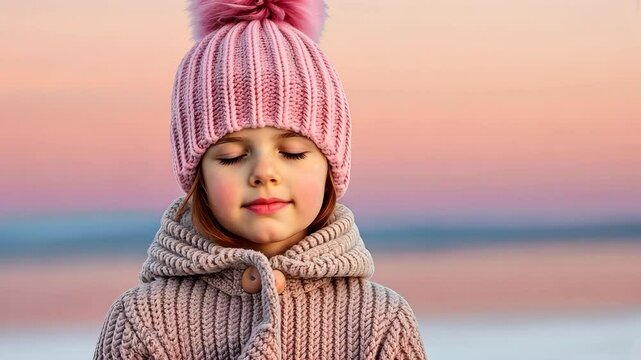 Sweet girl in a pompon hat enjoying the sunset on a beautiful beach.
