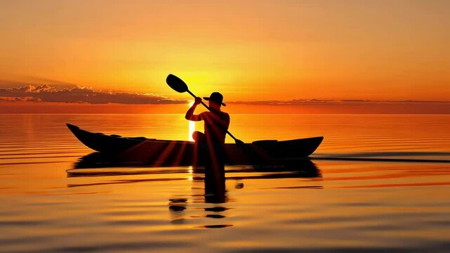 Serene image of a rowboat in a twilight sunset, silhouette of a man rowing against the orange glow.