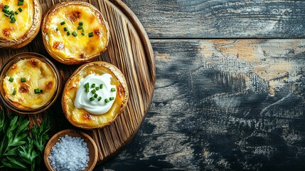Perfectly baked potatoes with crispy skins, sour cream, melted cheese, and chives on a rustic wooden board